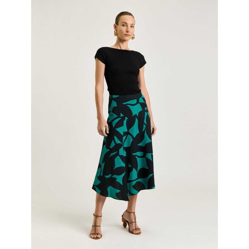 Veronika Maine Jade Shadow Leaf Viscose Linen Midi Skirt image number 2